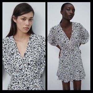 Zara Black and White Puff Sleeve Mini Dress